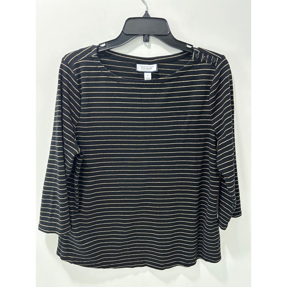 Charter Club Black Gold Metallic Stripe Pima Cotton 3/4 Sleeve Top Womens XL